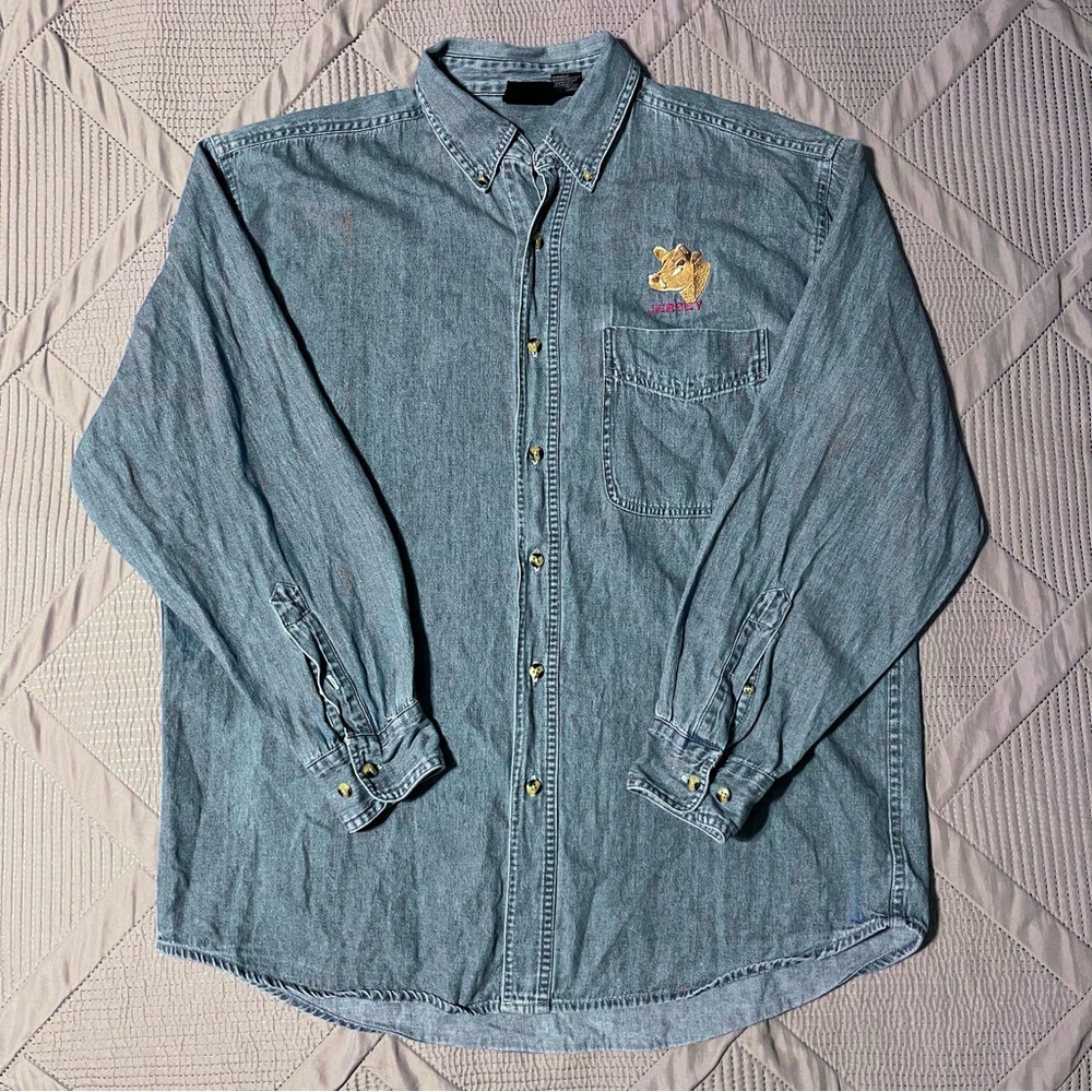 Vintage Outrageous Sports Mens Denim Button Down Shirt (M)